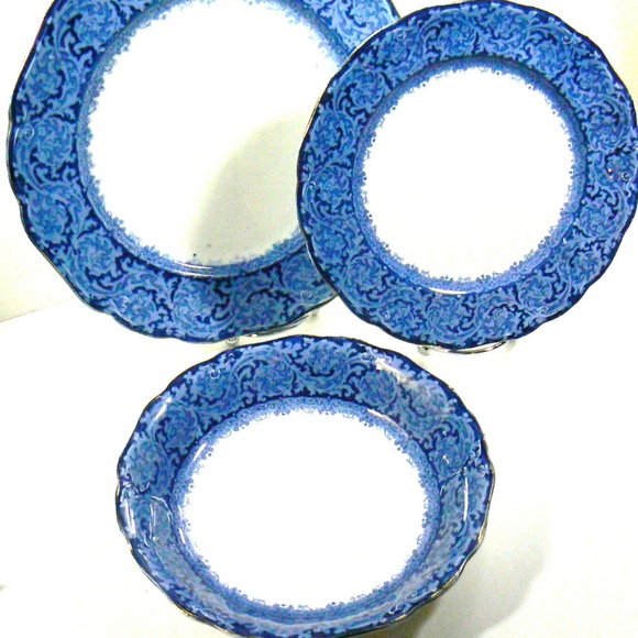 John Maddock & Sons Royal Vitreous Rialto England set of 3 plate bowl flow blue - Picture 1 of 11
